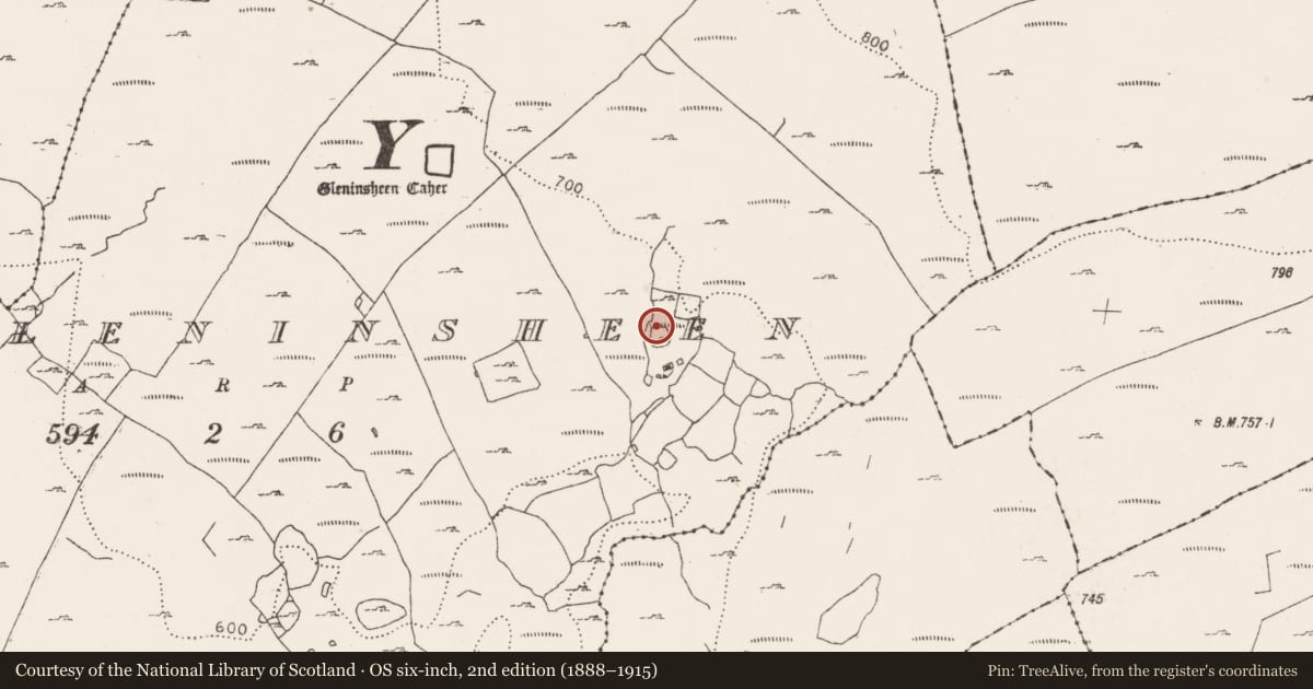 Ordnance Survey six-inch map, 2nd edition (1888–1915) covering the location of Hut site, Gleninsheen, County Clare, with a pin at the register's coordinates