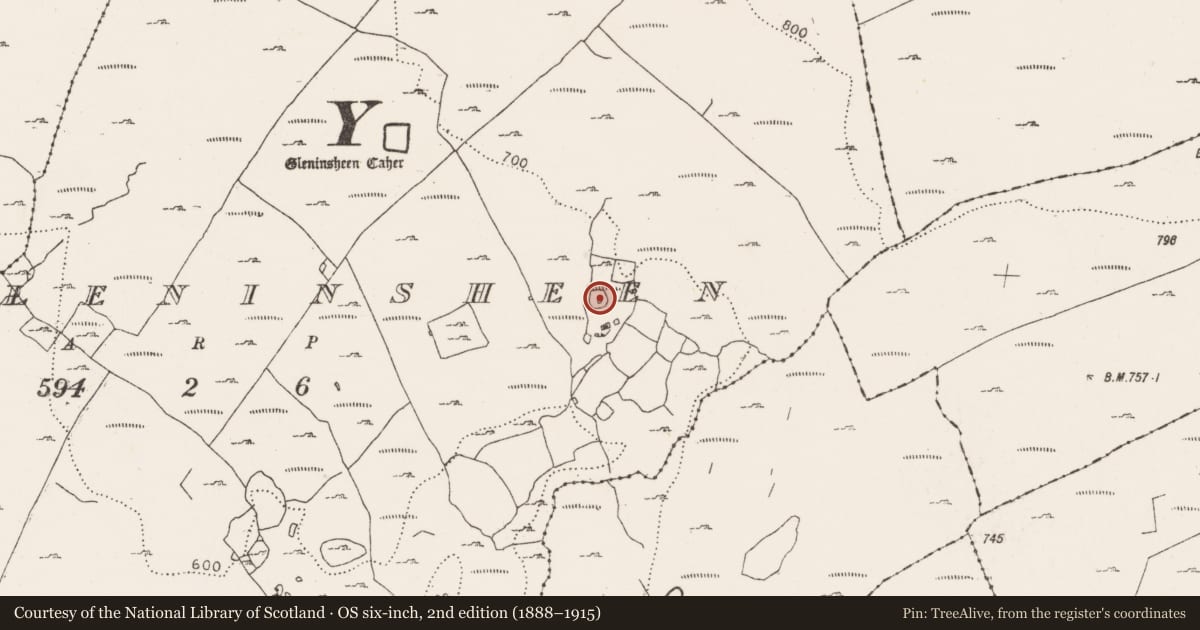Ordnance Survey six-inch map, 2nd edition (1888–1915) covering the location of House - indeterminate date, Gleninsheen, County Clare, with a pin at the register's coordinates