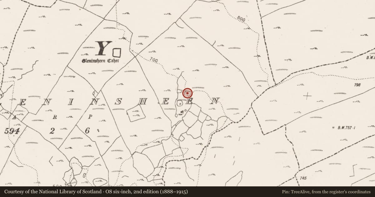 Ordnance Survey six-inch map, 2nd edition (1888–1915) covering the location of Enclosure, Gleninsheen, County Clare, with a pin at the register's coordinates
