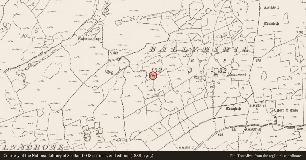 Ordnance Survey six-inch map, 2nd edition (1888–1915) covering the location of Enclosure, Ballymihil, County Clare, with a pin at the register's coordinates
