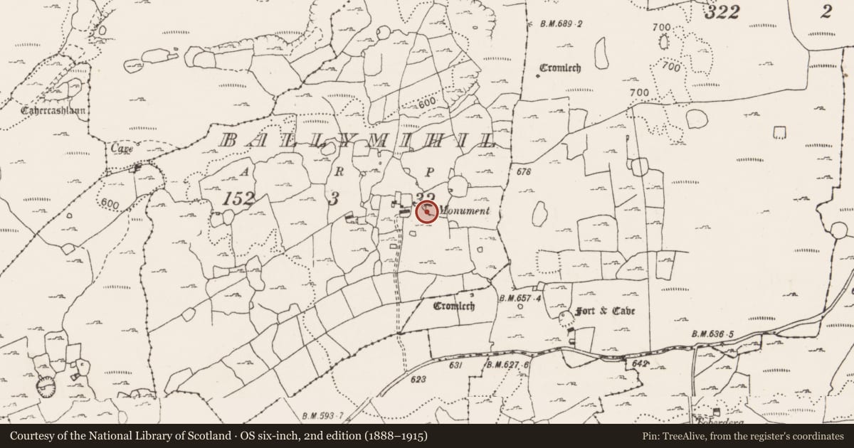 Ordnance Survey six-inch map, 2nd edition (1888–1915) covering the location of Cross, Ballymihil, County Clare, with a pin at the register's coordinates