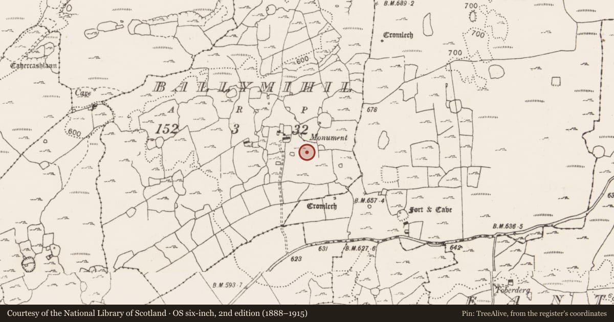 Ordnance Survey six-inch map, 2nd edition (1888–1915) covering the location of Cross, Ballymihil, County Clare, with a pin at the register's coordinates