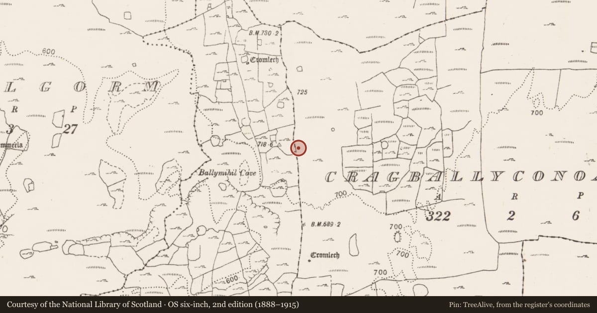 Ordnance Survey six-inch map, 2nd edition (1888–1915) covering the location of Fulacht fia, Cragballyconoal, County Clare, with a pin at the register's coordinates
