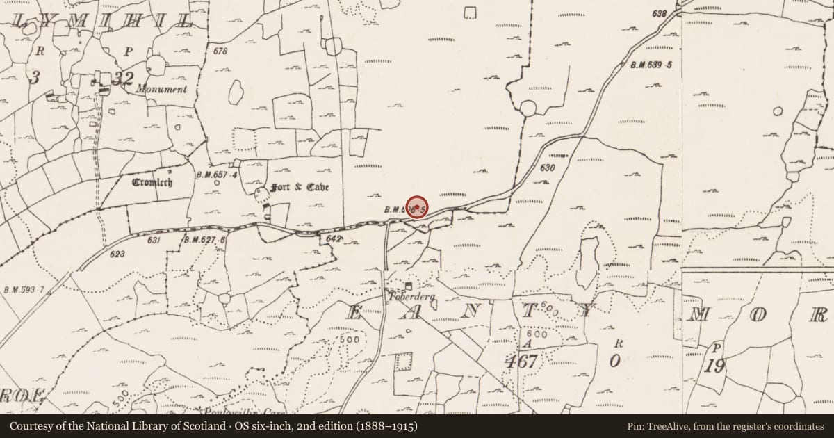 Ordnance Survey six-inch map, 2nd edition (1888–1915) covering the location of Ringfort - cashel, Cragballyconoal, County Clare, with a pin at the register's coordinates