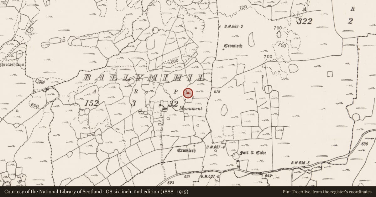 Ordnance Survey six-inch map, 2nd edition (1888–1915) covering the location of Souterrain, Ballymihil, County Clare, with a pin at the register's coordinates