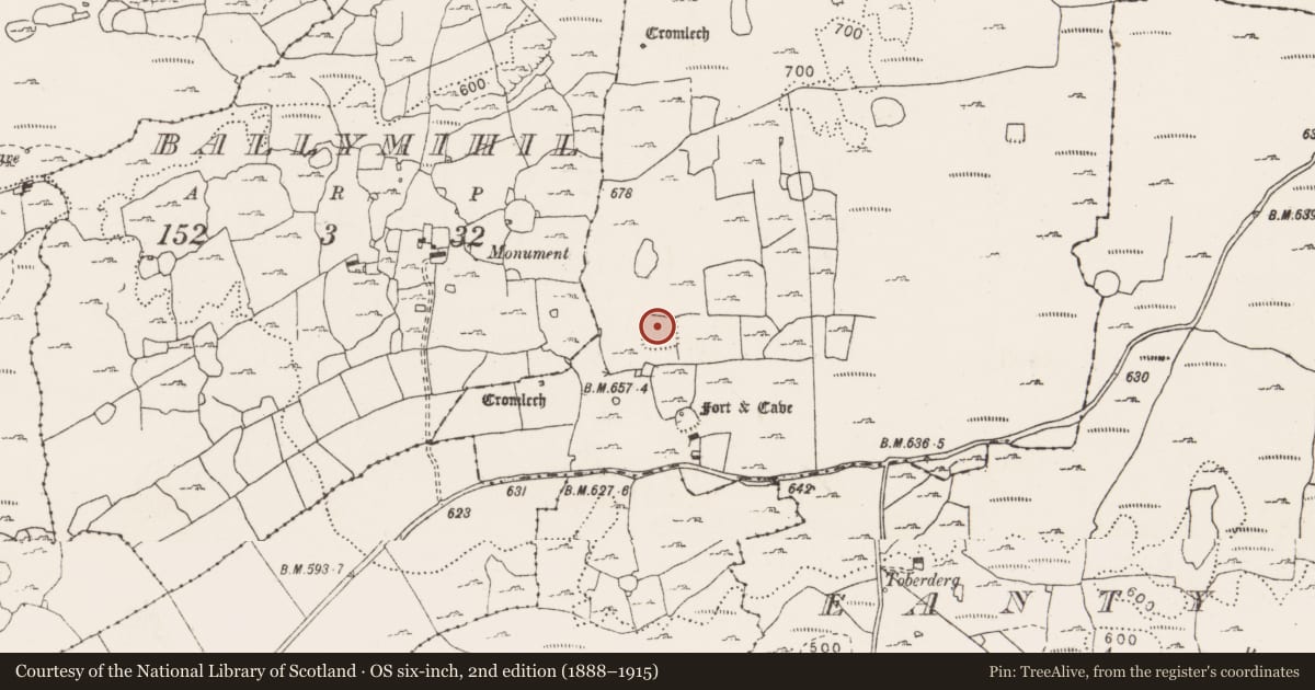 Ordnance Survey six-inch map, 2nd edition (1888–1915) covering the location of Souterrain, Cragballyconoal, County Clare, with a pin at the register's coordinates