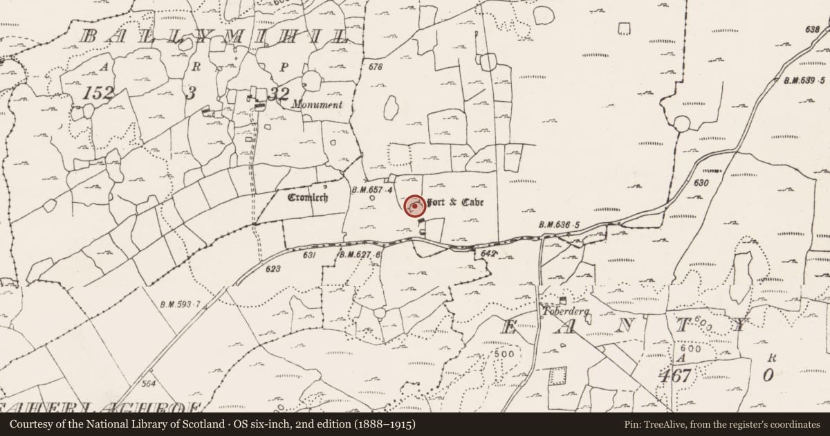 Ordnance Survey six-inch map, 2nd edition (1888–1915) covering the location of Souterrain, Cragballyconoal, County Clare, with a pin at the register's coordinates