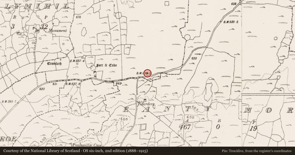 Ordnance Survey six-inch map, 2nd edition (1888–1915) covering the location of Hut site, Cragballyconoal, County Clare, with a pin at the register's coordinates