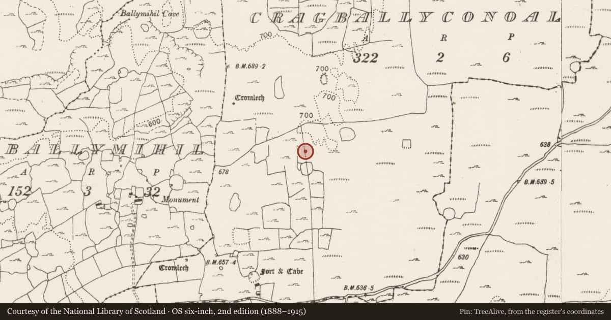 Ordnance Survey six-inch map, 2nd edition (1888–1915) covering the location of Enclosure, Cragballyconoal, County Clare, with a pin at the register's coordinates