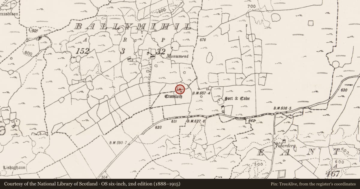 Ordnance Survey six-inch map, 2nd edition (1888–1915) covering the location of Megalithic tomb - wedge tomb, Cragballyconoal, County Clare, with a pin at the register's coordinates