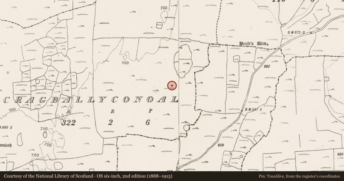 Ordnance Survey six-inch map, 2nd edition (1888–1915) covering the location of Enclosure, Cragballyconoal, County Clare, with a pin at the register's coordinates