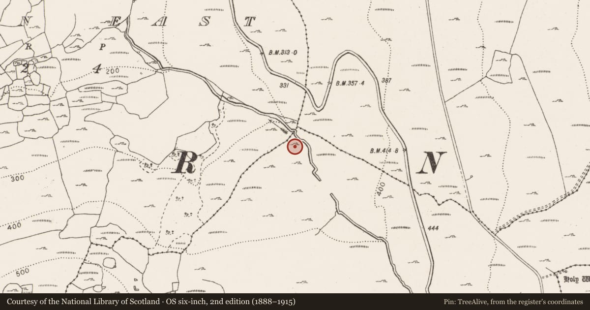 Ordnance Survey six-inch map, 2nd edition (1888–1915) covering the location of Fulacht fia, Berneens, County Clare, with a pin at the register's coordinates