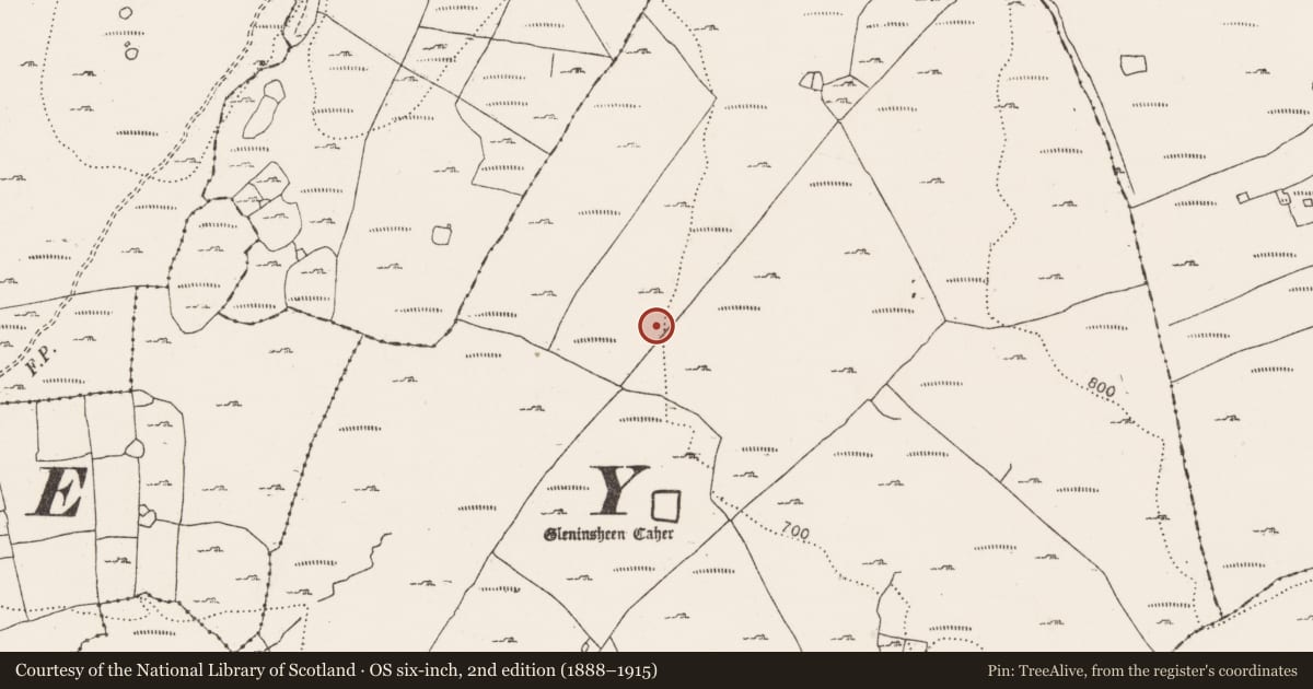 Ordnance Survey six-inch map, 2nd edition (1888–1915) covering the location of Road - road/trackway, Gleninsheen, County Clare, with a pin at the register's coordinates