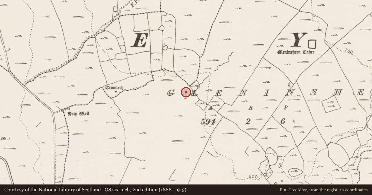 Ordnance Survey six-inch map, 2nd edition (1888–1915) covering the location of Fulacht fia, Gleninsheen, County Clare, with a pin at the register's coordinates