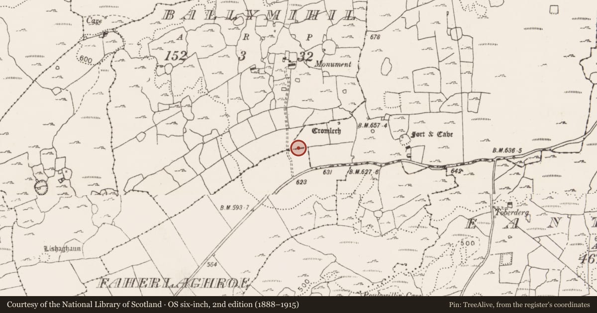 Ordnance Survey six-inch map, 2nd edition (1888–1915) covering the location of Fulacht fia, Faherlaghroe, County Clare, with a pin at the register's coordinates