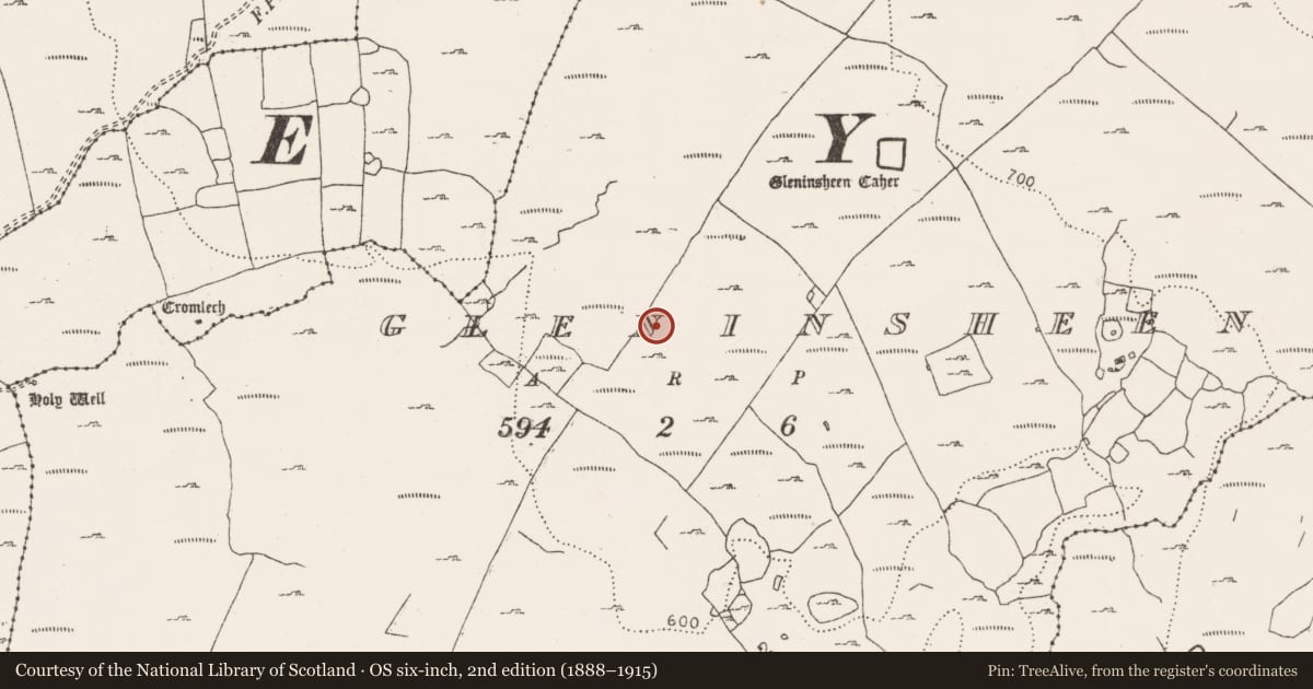 Ordnance Survey six-inch map, 2nd edition (1888–1915) covering the location of Cairn - unclassified, Gleninsheen, County Clare, with a pin at the register's coordinates