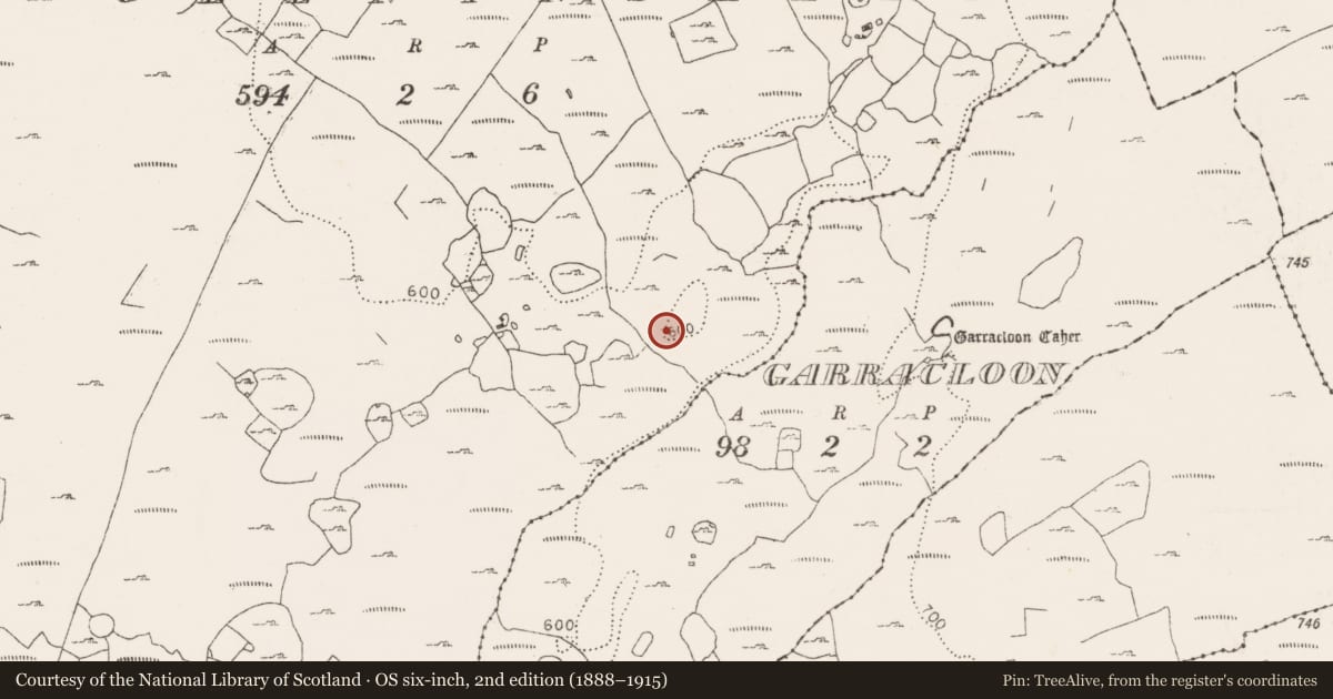 Ordnance Survey six-inch map, 2nd edition (1888–1915) covering the location of Fulacht fia, Gleninsheen, County Clare, with a pin at the register's coordinates