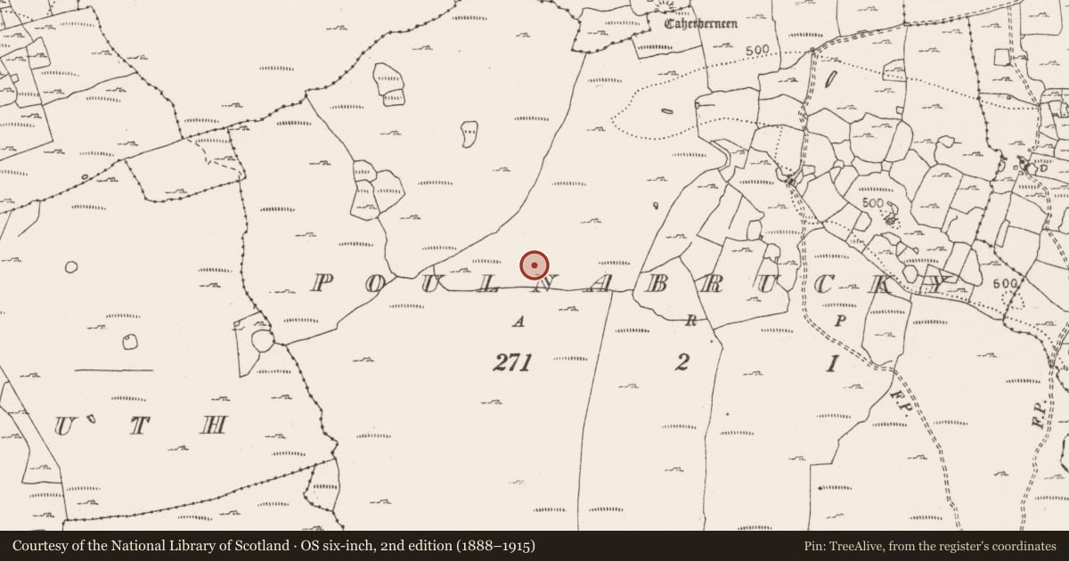 Ordnance Survey six-inch map, 2nd edition (1888–1915) covering the location of Mound, Poulnabrucky, County Clare, with a pin at the register's coordinates