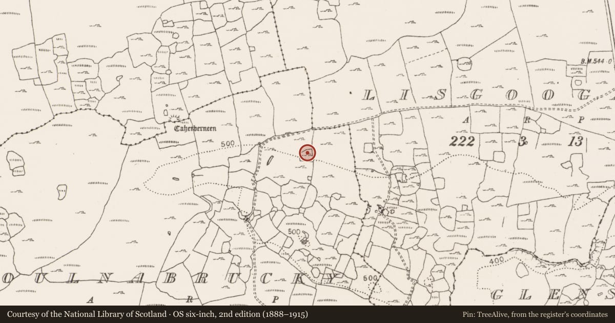 Ordnance Survey six-inch map, 2nd edition (1888–1915) covering the location of Fulacht fia, Poulnabrucky, County Clare, with a pin at the register's coordinates