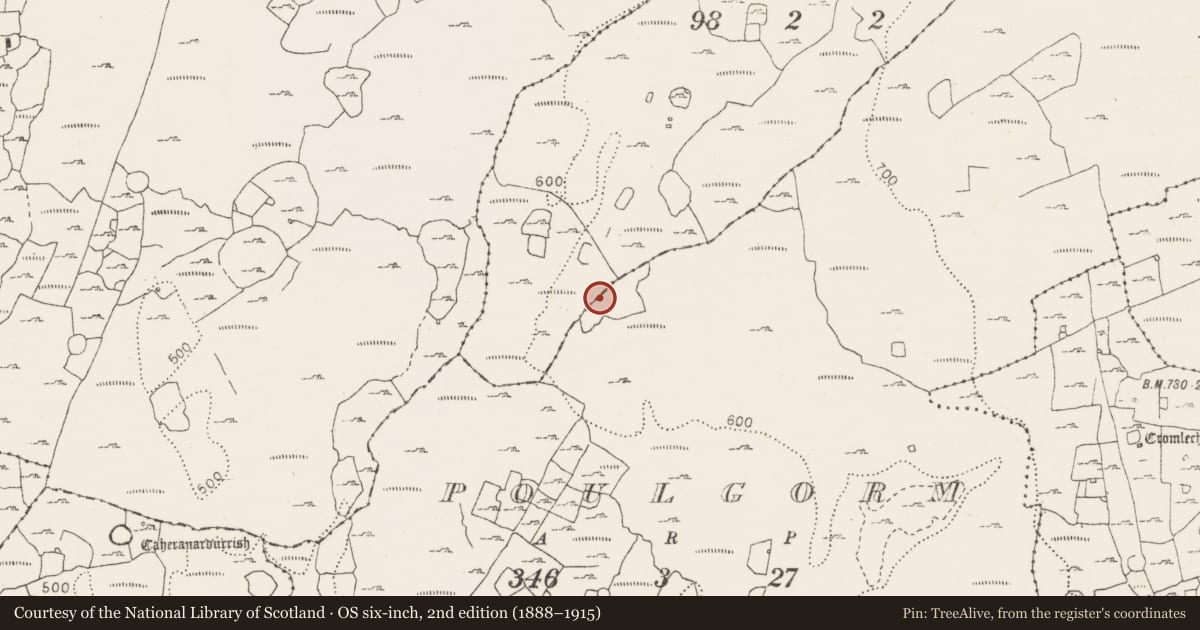 Ordnance Survey six-inch map, 2nd edition (1888–1915) covering the location of Fulacht fia, Poulgorm, County Clare, with a pin at the register's coordinates