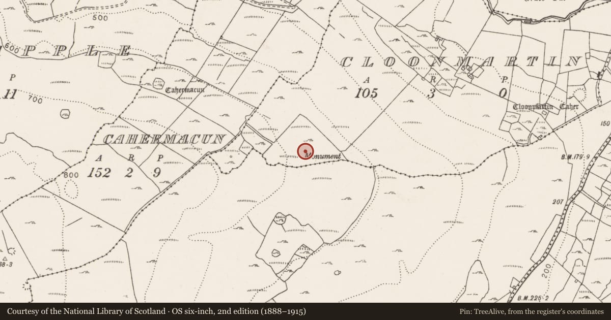 Ordnance Survey six-inch map, 2nd edition (1888–1915) covering the location of Monumental structure, Cloonmartin, County Clare, with a pin at the register's coordinates