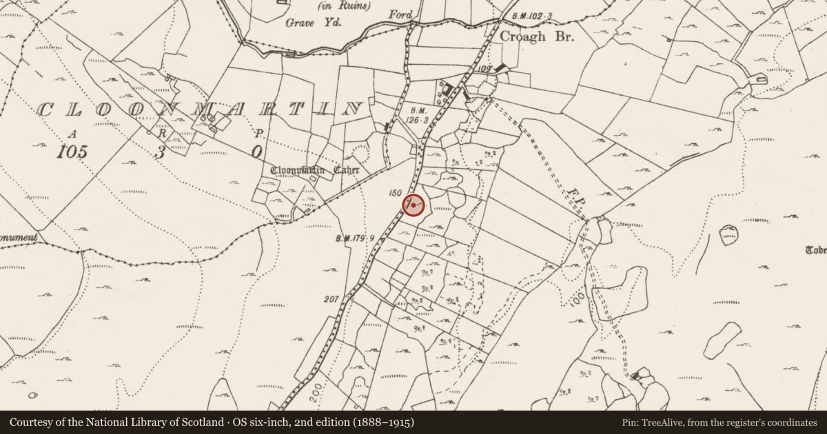 Ordnance Survey six-inch map, 2nd edition (1888–1915) covering the location of Cross-inscribed stone, Gragan East, County Clare, with a pin at the register's coordinates