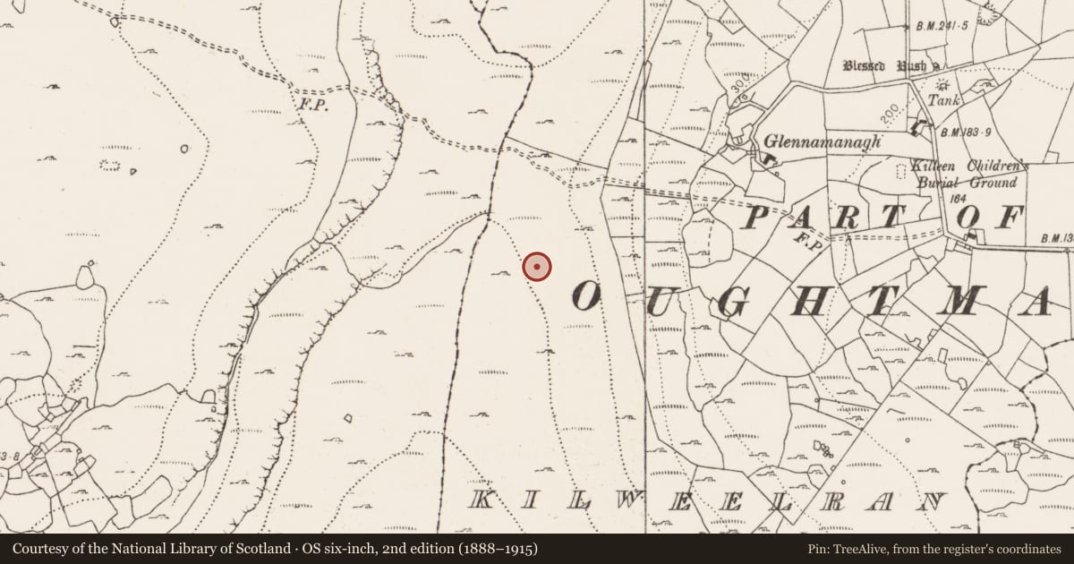 Ordnance Survey six-inch map, 2nd edition (1888–1915) covering the location of Enclosure, Kilweelran, County Clare, with a pin at the register's coordinates