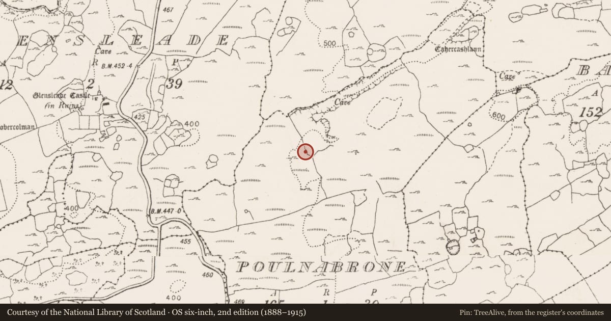Ordnance Survey six-inch map, 2nd edition (1888–1915) covering the location of Hut site, Poulnabrone, County Clare, with a pin at the register's coordinates