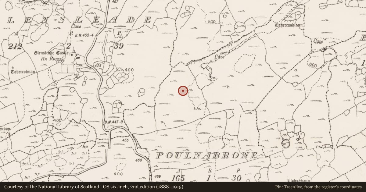 Ordnance Survey six-inch map, 2nd edition (1888–1915) covering the location of Enclosure, Poulnabrone, County Clare, with a pin at the register's coordinates