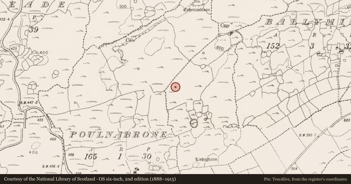 Ordnance Survey six-inch map, 2nd edition (1888–1915) covering the location of Hut site, Poulgorm, County Clare, with a pin at the register's coordinates