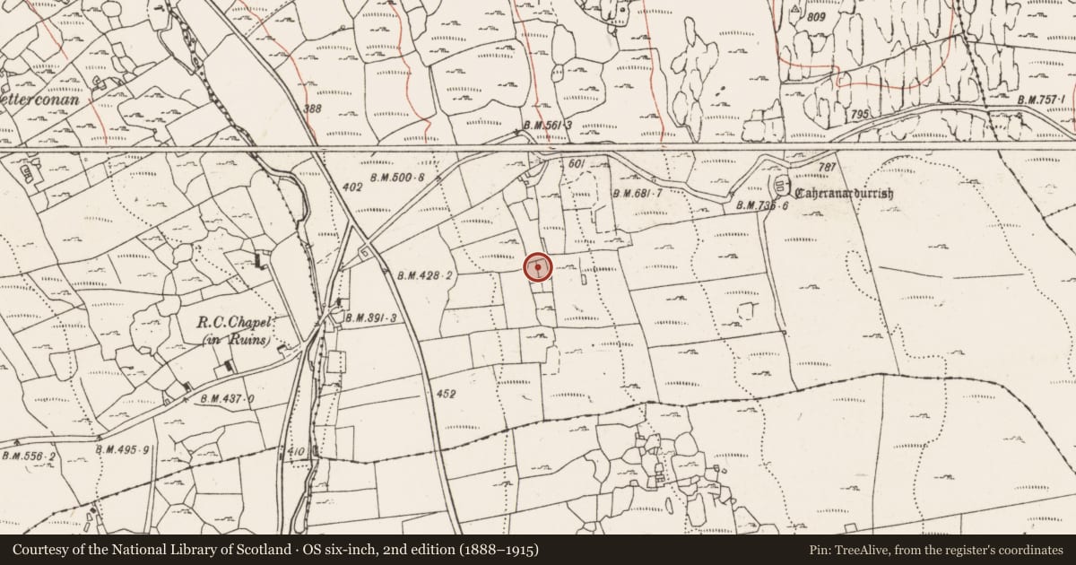 Ordnance Survey six-inch map, 2nd edition (1888–1915) covering the location of Ringfort - cashel, Formoyle East, County Clare, with a pin at the register's coordinates