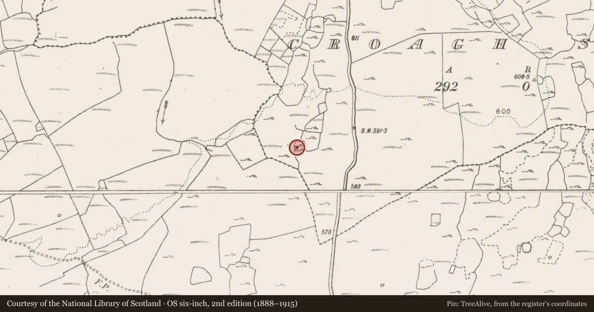 Ordnance Survey six-inch map, 2nd edition (1888–1915) covering the location of Enclosure, Croagh South, County Clare, with a pin at the register's coordinates