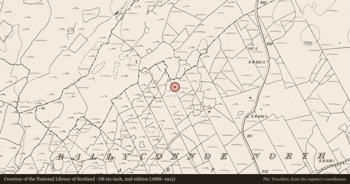 Ordnance Survey six-inch map, 2nd edition (1888–1915) covering the location of Enclosure, Ballyconnoe North, County Clare, with a pin at the register's coordinates
