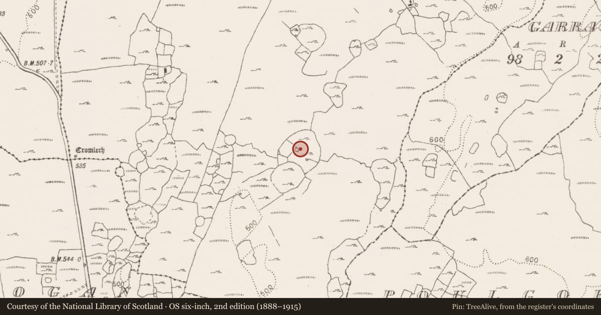 Ordnance Survey six-inch map, 2nd edition (1888–1915) covering the location of Enclosure - large enclosure, Gleninsheen, County Clare, with a pin at the register's coordinates