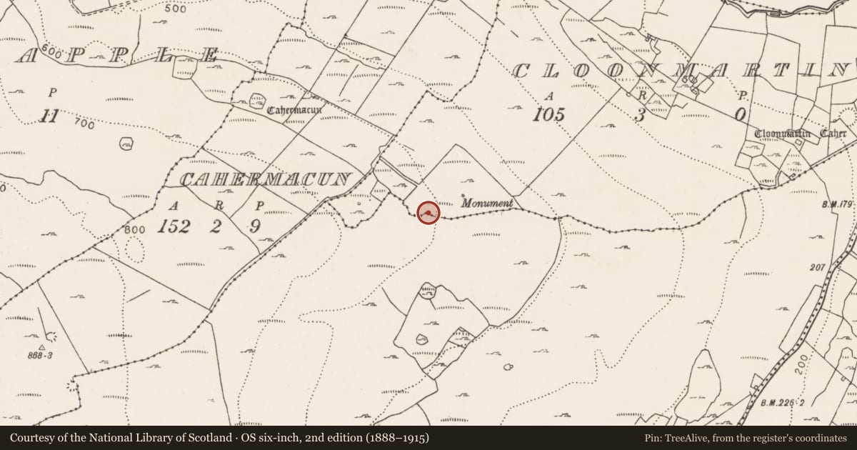 Ordnance Survey six-inch map, 2nd edition (1888–1915) covering the location of Enclosure, Cloonmartin, County Clare, with a pin at the register's coordinates