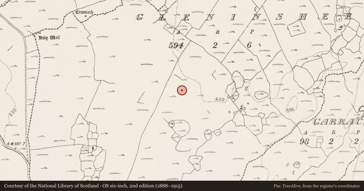 Ordnance Survey six-inch map, 2nd edition (1888–1915) covering the location of Hut site, Gleninsheen, County Clare, with a pin at the register's coordinates