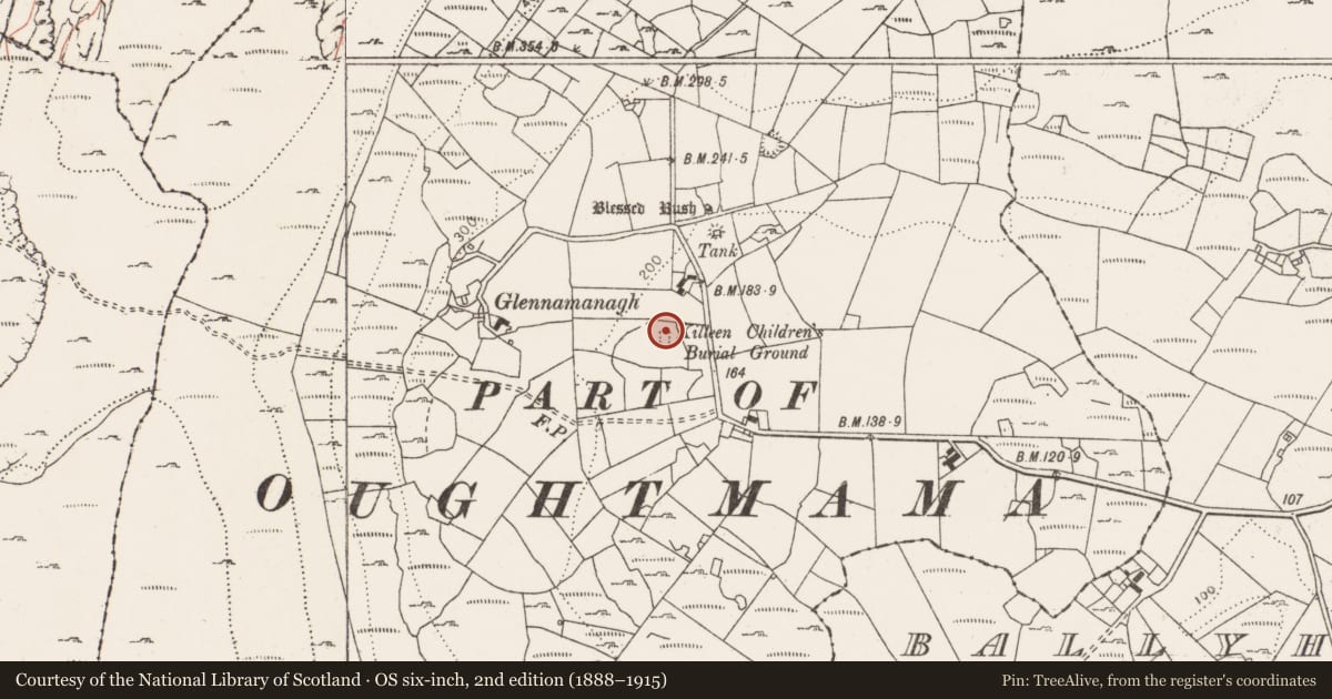 Ordnance Survey six-inch map, 2nd edition (1888–1915) covering the location of Children's burial ground, Kilweelran, County Clare, with a pin at the register's coordinates