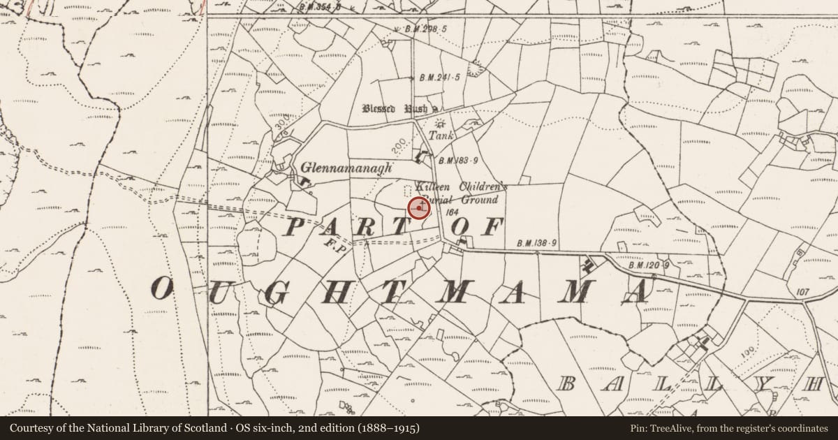 Ordnance Survey six-inch map, 2nd edition (1888–1915) covering the location of Enclosure, Kilweelran, County Clare, with a pin at the register's coordinates