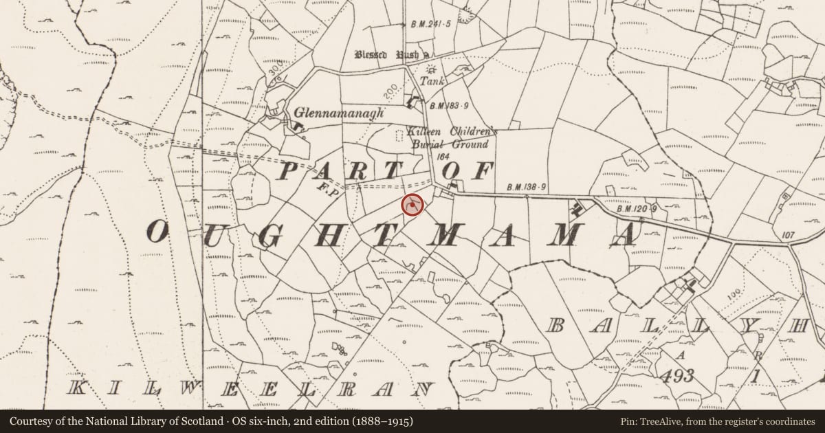 Ordnance Survey six-inch map, 2nd edition (1888–1915) covering the location of Enclosure, Kilweelran, County Clare, with a pin at the register's coordinates