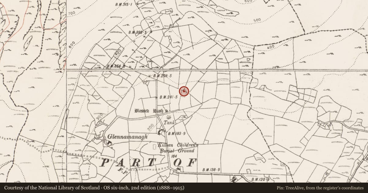 Ordnance Survey six-inch map, 2nd edition (1888–1915) covering the location of Enclosure, Kilweelran, County Clare, with a pin at the register's coordinates