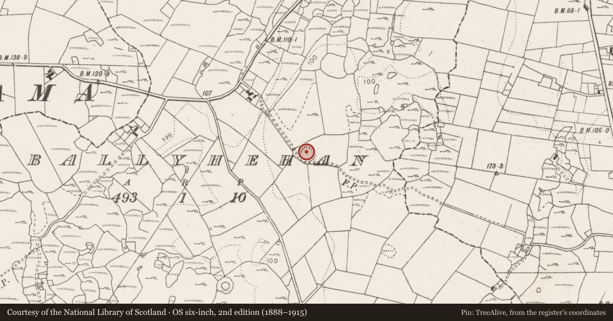 Ordnance Survey six-inch map, 2nd edition (1888–1915) covering the location of Ringfort - rath, Ballyhehan, County Clare, with a pin at the register's coordinates