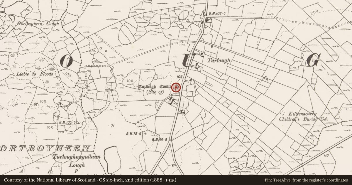 Ordnance Survey six-inch map, 2nd edition (1888–1915) covering the location of Castle - unclassified, Turlough, County Clare, with a pin at the register's coordinates