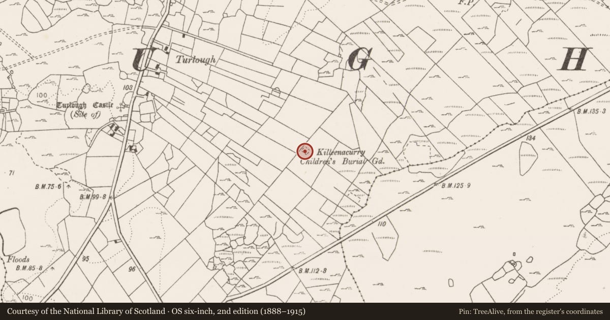 Ordnance Survey six-inch map, 2nd edition (1888–1915) covering the location of Children's burial ground, Turlough, County Clare, with a pin at the register's coordinates