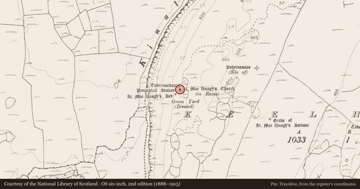 Ordnance Survey six-inch map, 2nd edition (1888–1915) covering the location of Church, Keelhilla, County Clare, with a pin at the register's coordinates