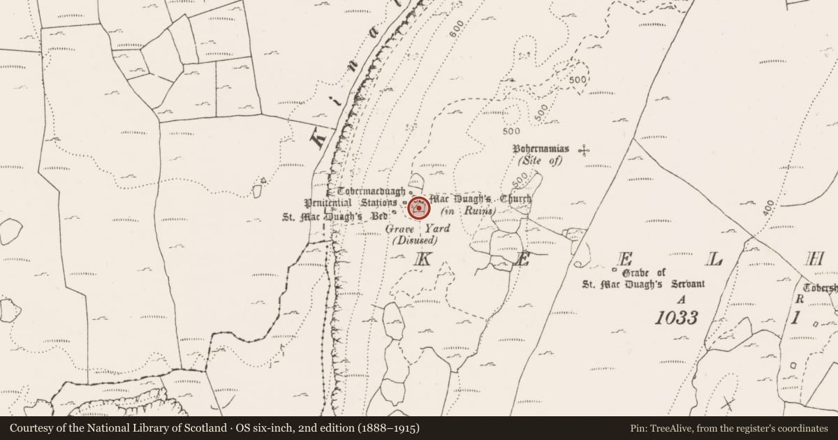 Ordnance Survey six-inch map, 2nd edition (1888–1915) covering the location of Graveyard, Keelhilla, County Clare, with a pin at the register's coordinates