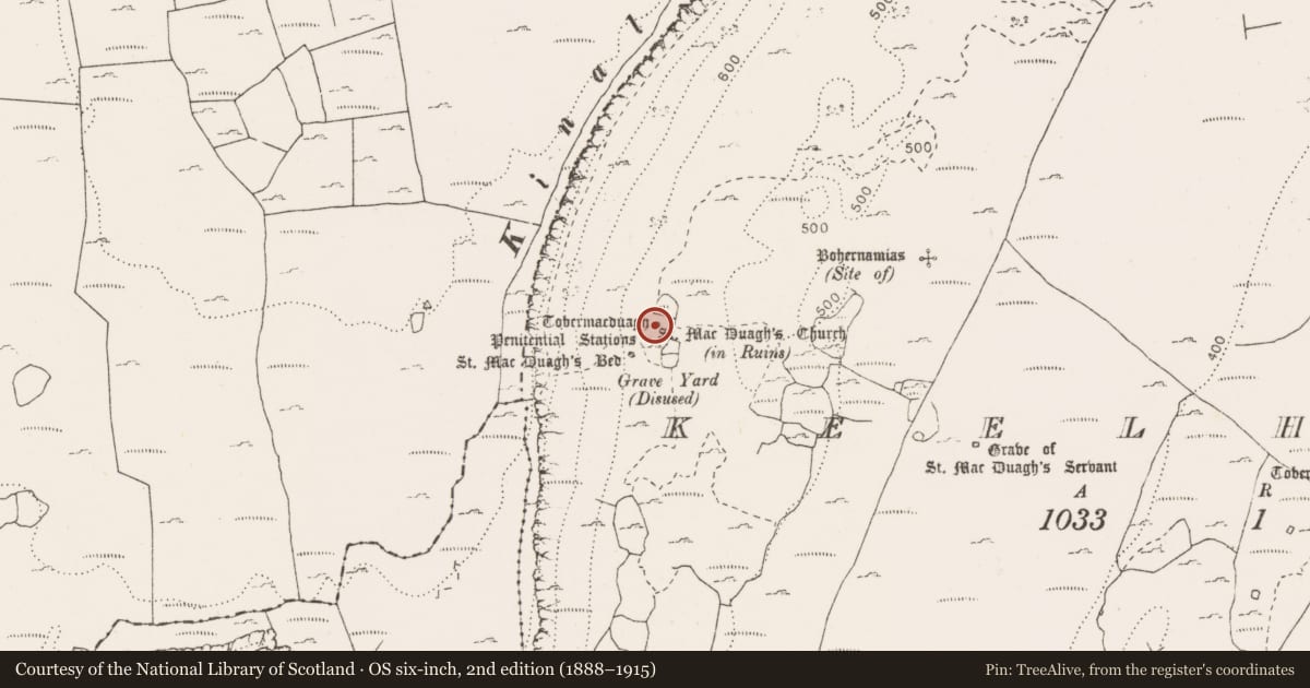 Ordnance Survey six-inch map, 2nd edition (1888–1915) covering the location of Ritual site - holy well, Keelhilla, County Clare, with a pin at the register's coordinates