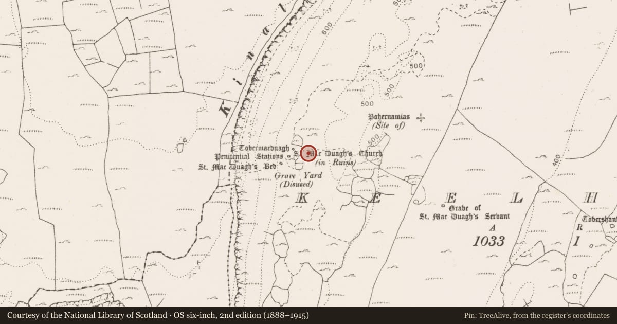 Ordnance Survey six-inch map, 2nd edition (1888–1915) covering the location of Fulacht fia, Keelhilla, County Clare, with a pin at the register's coordinates