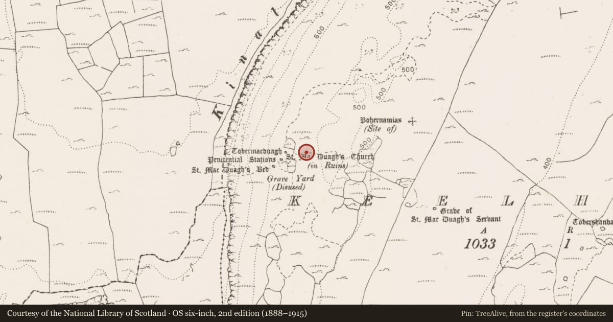 Ordnance Survey six-inch map, 2nd edition (1888–1915) covering the location of Fulacht fia, Keelhilla, County Clare, with a pin at the register's coordinates