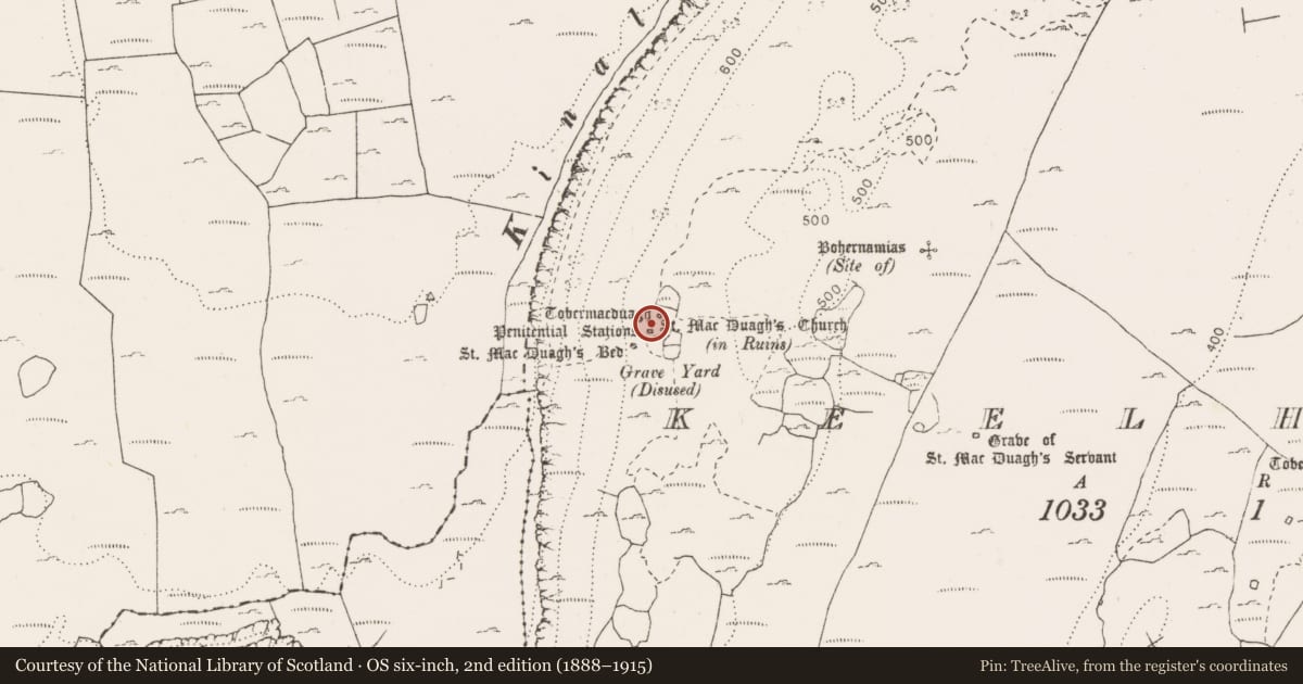 Ordnance Survey six-inch map, 2nd edition (1888–1915) covering the location of Penitential station, Keelhilla, County Clare, with a pin at the register's coordinates