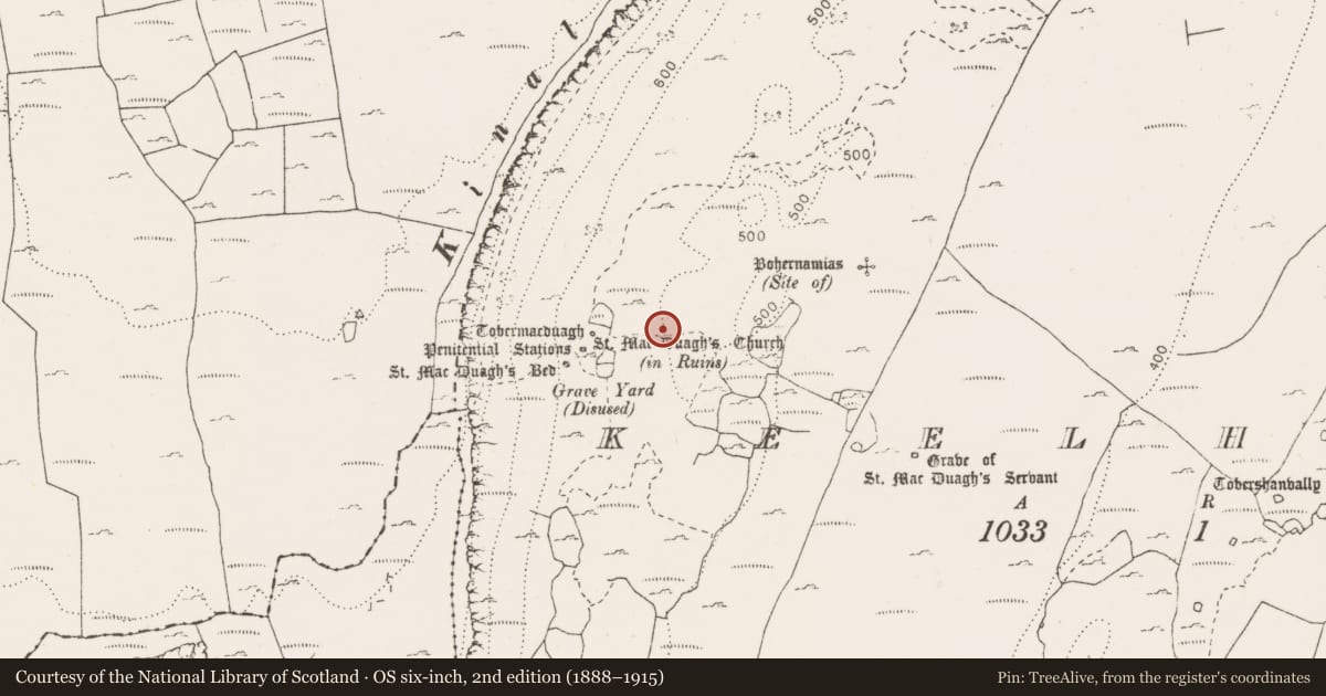 Ordnance Survey six-inch map, 2nd edition (1888–1915) covering the location of Fulacht fia, Keelhilla, County Clare, with a pin at the register's coordinates